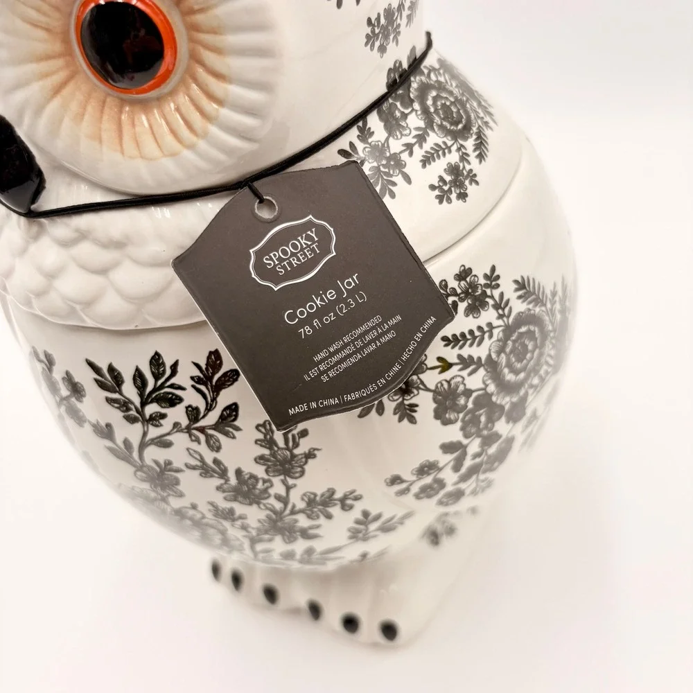 Spooky Street Owl Cookie Jar White Black Floral Toile Ceramic 78oz Halloween New